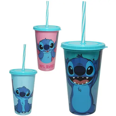 COPO COM TAMPA E CANUDO DE PLASTICO STITCH 500ML