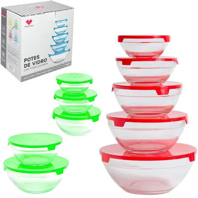 CONJUNTO DE POTE DE VIDRO REDONDO COM TAMPA 5 PECAS 900/500/350/200/150ML