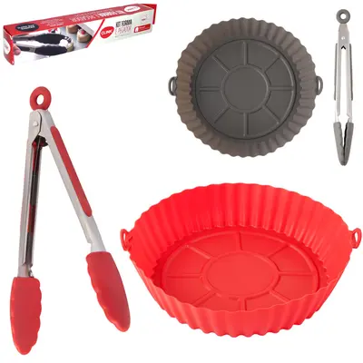 FORMA DE SILICONE REDONDA COM ALCA PARA AIR FRYER / FRITADEIRA ELETRICA + INOX PEGADOR