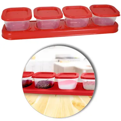 PORTA CONDIMENTO DE PLASTICO COM 4 PECAS + SUPORTE VERMELHO