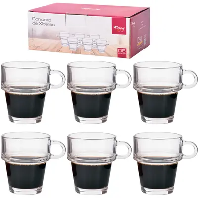 JOGO DE CANECA XICARA DE VIDRO PARA CAFE COM 6 PECAS 90ML