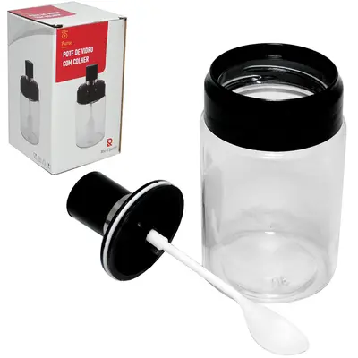 ACUCAREIRO / PORTA CONDIMENTO DE VIDRO COM COLHER + TAMPA DE PLASTICO 260ML