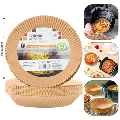 FORMA DE PAPEL REDONDA DESCARTAVEL PARA AIR FRYER / FRITADEIRA ELETRICA 50 PECAS 24/20CM DE Ø