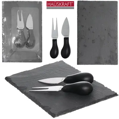 CONJUNTO PARA QUEIJO E FRIOS COM FACA + GARFO DE INOX E TABUA ARDOSIA MANHATTAN HAUSKRAFT