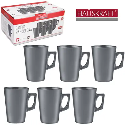 JOGO DE CANECA XICARA DE VIDRO PARA CAFE / CAPPUCCINO BARCELONA CINZA HAUSKRAFT 6 PECAS 130ML