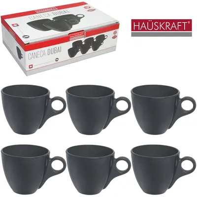JOGO DE CANECA XICARA DE VIDRO PARA CHA DUBAI CINZA HAUSKRAFT COM 6 PECAS 170ML