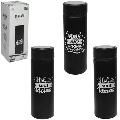 GARRAFA DE VIDRO REVESTIDO DE PLASTICO COM TAMPA DE ROSCA FRASES 380ML