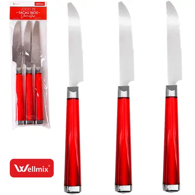 FACA DE MESA DE INOX CABO ACRILICO VERMELHO COM 3 PECAS 21CM NA SOLAPA