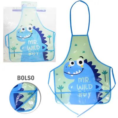 AVENTAL DE POLIESTER INFANTIL COM BOLSO DINOSSAURO 51X41CM