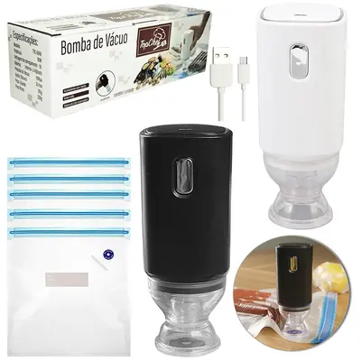 BOMBA DE SUCCAO RECARREGAVEL COM 5 SACOS A VACUO PARA ALIMENTOS + CABO USB