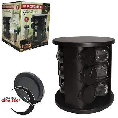 PORTA CONDIMENTO DE VIDRO / PLASTICO COM 9 PECAS 85ML + SUPORTE GIRATORIO REDONDO BLACK