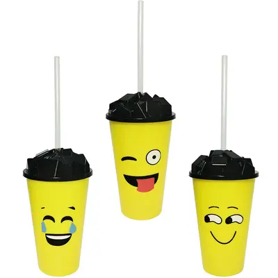 COPO COM TAMPA CUBO DE GELO E CANUDO DE PLASTICO EMOTICONS 410ML