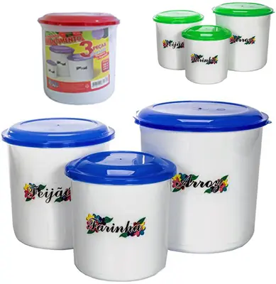 CONJUNTO DE POTE DE PLASTICO REDONDO PARA MANTIMENTOS COM TAMPA COLORS 3 PECAS PMG