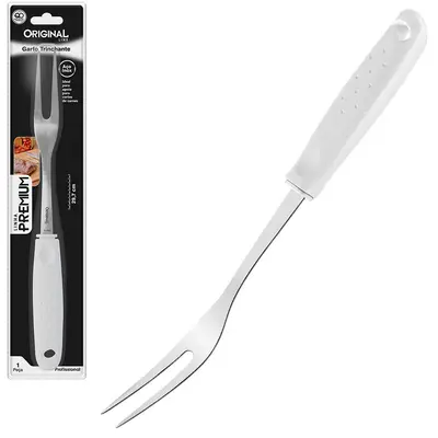 GARFO TRINCHANTE DE INOX PARA CHURRASCO CABO PLASTICO BRANCO PREMIUM 30CM
