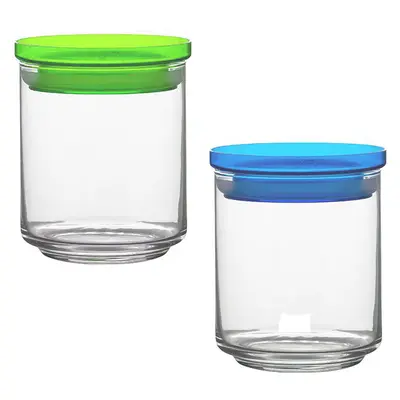 POTE DE VIDRO REDONDO EMPILHAVEL COM TAMPA HERMETICA DE ACRILICO TRANSCOLOR 650ML