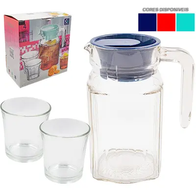 JARRA DE VIDRO 600ML COM TAMPA DE PLASTICO + 3 COPOS 170ML
