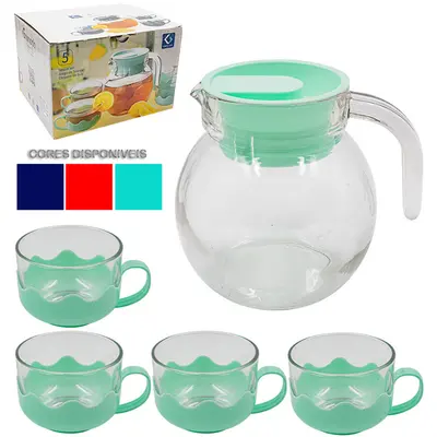 CHALEIRA DE VIDRO COM 4 XICARAS E TAMPA DE PLASTICO 800ML / 180ML