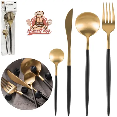 TALHER DE INOX PRETO COM DOURADO COLHER / FACA / GARFO / COLHER DE SOBREMESA 4 PECAS BONS CHEFF