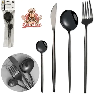 TALHER DE INOX PRETO COLHER / FACA / GARFO / COLHER DE SOBREMESA 4 PECAS BONS CHEFF