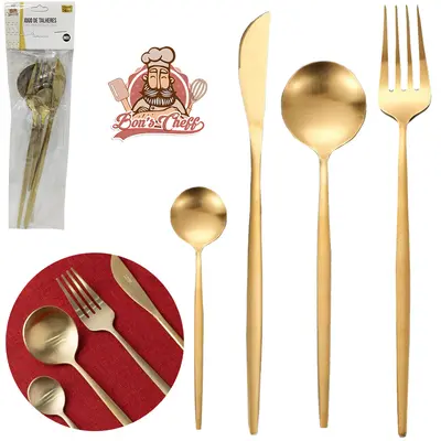 TALHER DE INOX DOURADO COLHER / FACA / GARFO / COLHER DE SOBREMESA 4 PECAS BONS CHEFF