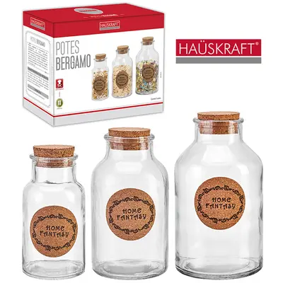 CONJUNTO DE POTE DE VIDRO REDONDO COM TAMPA CORTICA BERGAMO HAUSKRAFT 3 PECAS 750 / 540 / 280ML