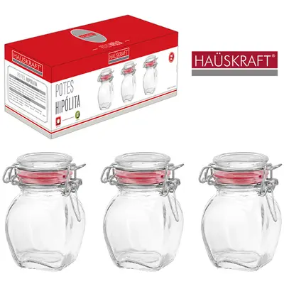 CONJUNTO DE POTE DE VIDRO SEXTAVADO COM TAMPA DE VIDRO HERMETICA HIPOLITA HAUSKRAFT 3 PECAS 90ML