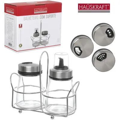 GALHETEIRO DE VIDRO COM 2 PECAS 150ML + SUPORTE ARAMADO HAUSKRAFT
