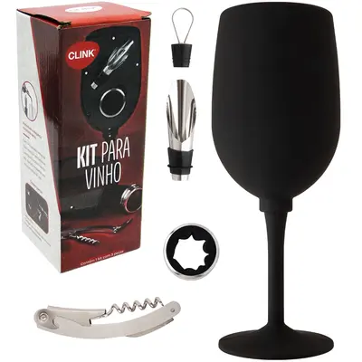 KIT PARA VINHO COM BICO DOSADOR AERADOR DE INOX TAMPA + SACA ROLHA + ANEL CORTA GOTAS ESTOJO TACA