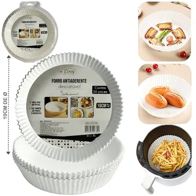 FORMA DE PAPEL REDONDA DESCARTAVEL BRANCA PARA AIR FRYER / FRITADEIRA ELETRICA 50 PECAS 19/16CM DE Ø