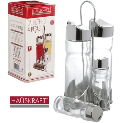 GALHETEIRO DE VIDRO COM 4 PECAS 160ML/40ML + SUPORTE ARAMADO HAUSKRAFT
