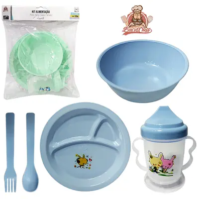 KIT ALIMENTACAO / PAPINHA PRATO + COPO BABY + TIGELA E TALHER DE PLASTICO REDONDO BONS CHEFF