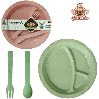 KIT ALIMENTACAO / PAPINHA PRATO E TALHER DE FIBRA DE TRIGO REDONDO BONS CHEFF