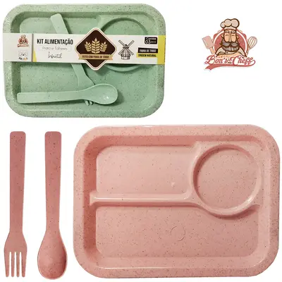 KIT ALIMENTACAO / PAPINHA PRATO E TALHER DE FIBRA DE TRIGO RETANGULAR BONS CHEFF