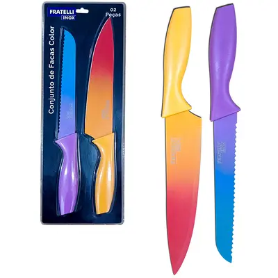 CONJUNTO DE FACA DE COZINHA DE INOX CABO PLASTICO COLOR 2 PECAS