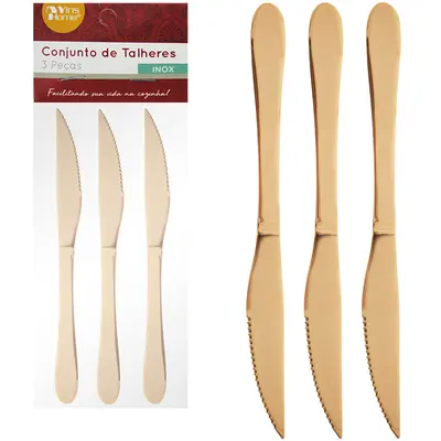 FACA DE MESA DE INOX METALIZADO ROSE GOLD COM 3 PECAS 22,5CM NA SOLAPA