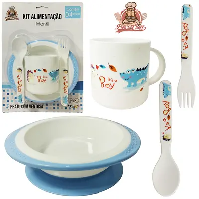 KIT ALIMENTACAO / PAPINHA PRATO COM VENTOSA + CANECA E TALHER DE PLASTICO AZUL BONS CHEFF