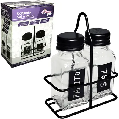 SALEIRO COM PALITEIRO DE MESA DE VIDRO COM 2 PECAS 100ML + SUPORTE ARAMADO BLACK