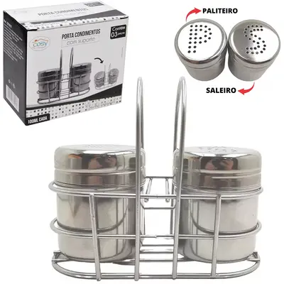 PORTA CONDIMENTO DE INOX COM 2 PECAS 100ML + SUPORTE ARAMADO CROMADO