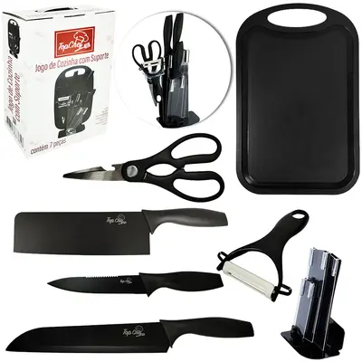 CONJUNTO DE FACA DE COZINHA DE INOX COM CORTADOR / DESCASCADOR + TABUA + TESOURA E CEPO 7 PECAS