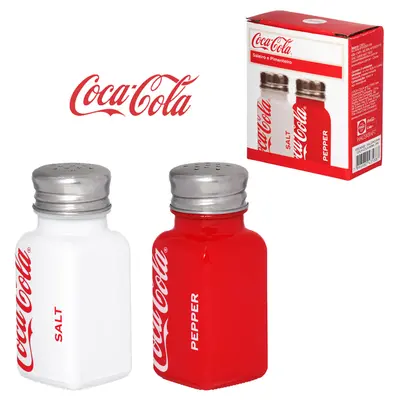 PORTA CONDIMENTO SALEIRO COM PIMENTEIRO DE MESA DE VIDRO COCA-COLA 2 PECAS 80ML COM TAMPA DE INOX HAUSKRAFT