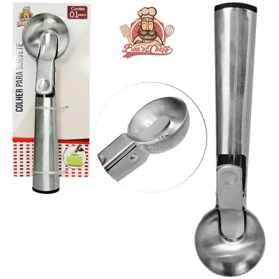COLHER / CONCHA DE SORVETE DE INOX COM EXTRATOR 18X4,7CM NA CARTELA BONS CHEFF