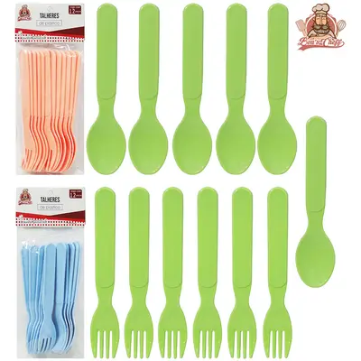 COLHER E GARFINHO DE SOBREMESA DE PLASTICO COLORS COM 12 PECAS 13,5CM BONS CHEFF