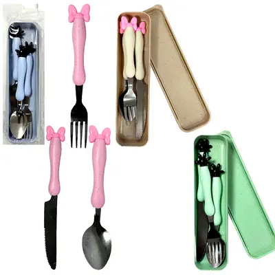 CONJUNTO DE TALHER INFANTIL COM COLHER + GARFO DE INOX E FACA CABO BAMBU ECOLOGICO NO ESTOJO