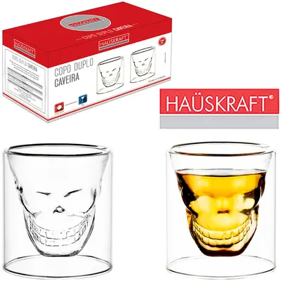 JOGO DE COPO DE VIDRO COM PAREDE DUPLA BISTRO CAVEIRA HAUSKRAFT COM 2 PECAS 150ML NA CAIXA