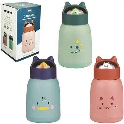 GARRAFA DE VIDRO REVESTIDO DE PLASTICO GATINHO COM TAMPA DE ROSCA + ALCA DE SILICONE 340ML