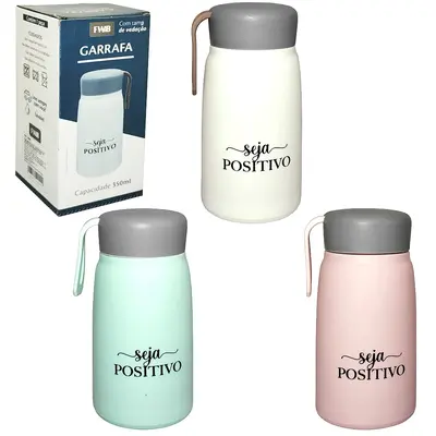 GARRAFA DE VIDRO REVESTIDO DE PLASTICO SEJA POSITIVO COM TAMPA DE ROSCA + ALCA SILICONE 350ML