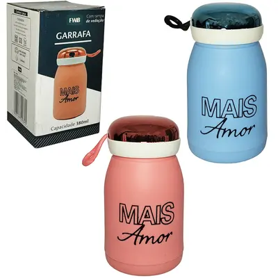 GARRAFA DE VIDRO REVESTIDO DE PLASTICO MAIS AMOR COM TAMPA DE ROSCA + ALCA DE SILICONE 380ML