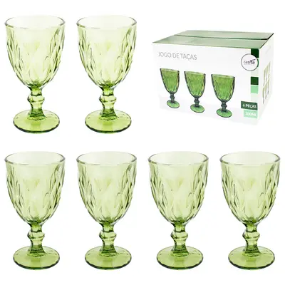 JOGO DE TACA DE VIDRO PARA AGUA / VINHO VERDE CLARO 6 PECAS 330ML