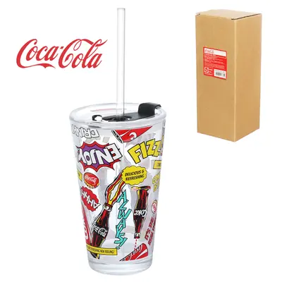 COPO DE VIDRO COM CANUDO + TAMPA DE ACRILICO DRINK FIZZ COCA-COLA HAUSKRAFT 450ML