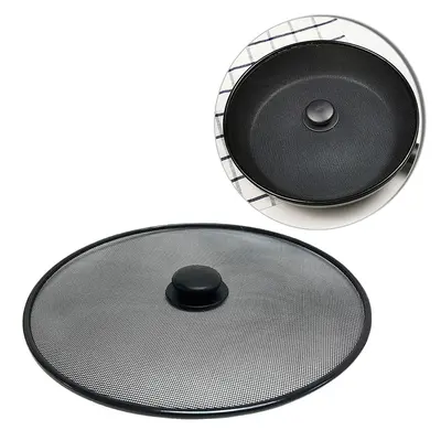 TAMPA / TELA DE METAL PARA FRITURA COM PEGADOR DE PLASTICO PRETO 19CM DE Ø